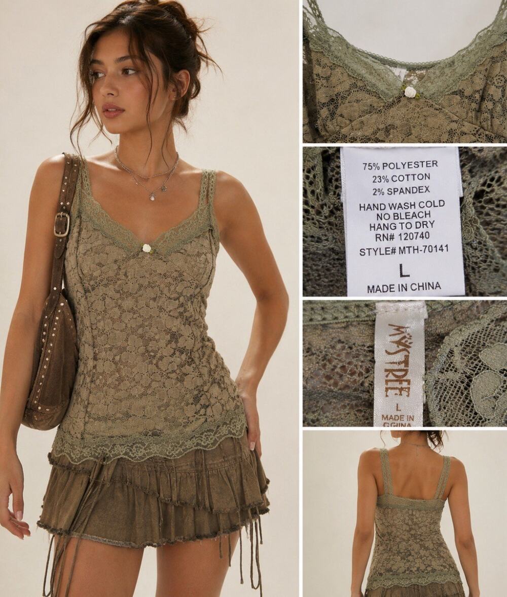 Y2K Indie Grunge Baby-Doll Fairycore MYSTREE Lace Cami Tunic sz L Green Layering